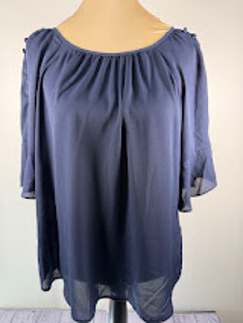 Zac & Rachel Womens Flutter Sleeve Chiffon Blouse L Navy Blue Solid Pleated